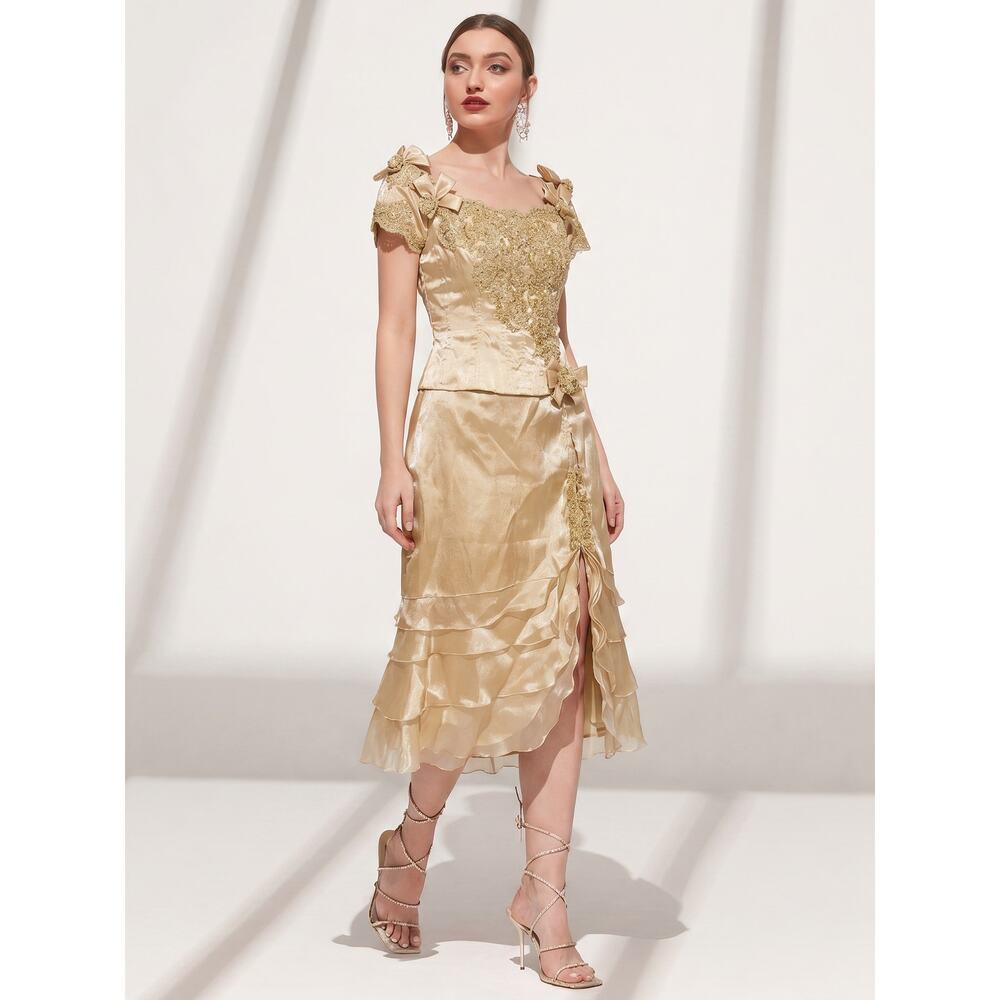 Rose Taft Couture Vintage Gold Shimmer Corset Bodice Fairy Princess Formal Dress